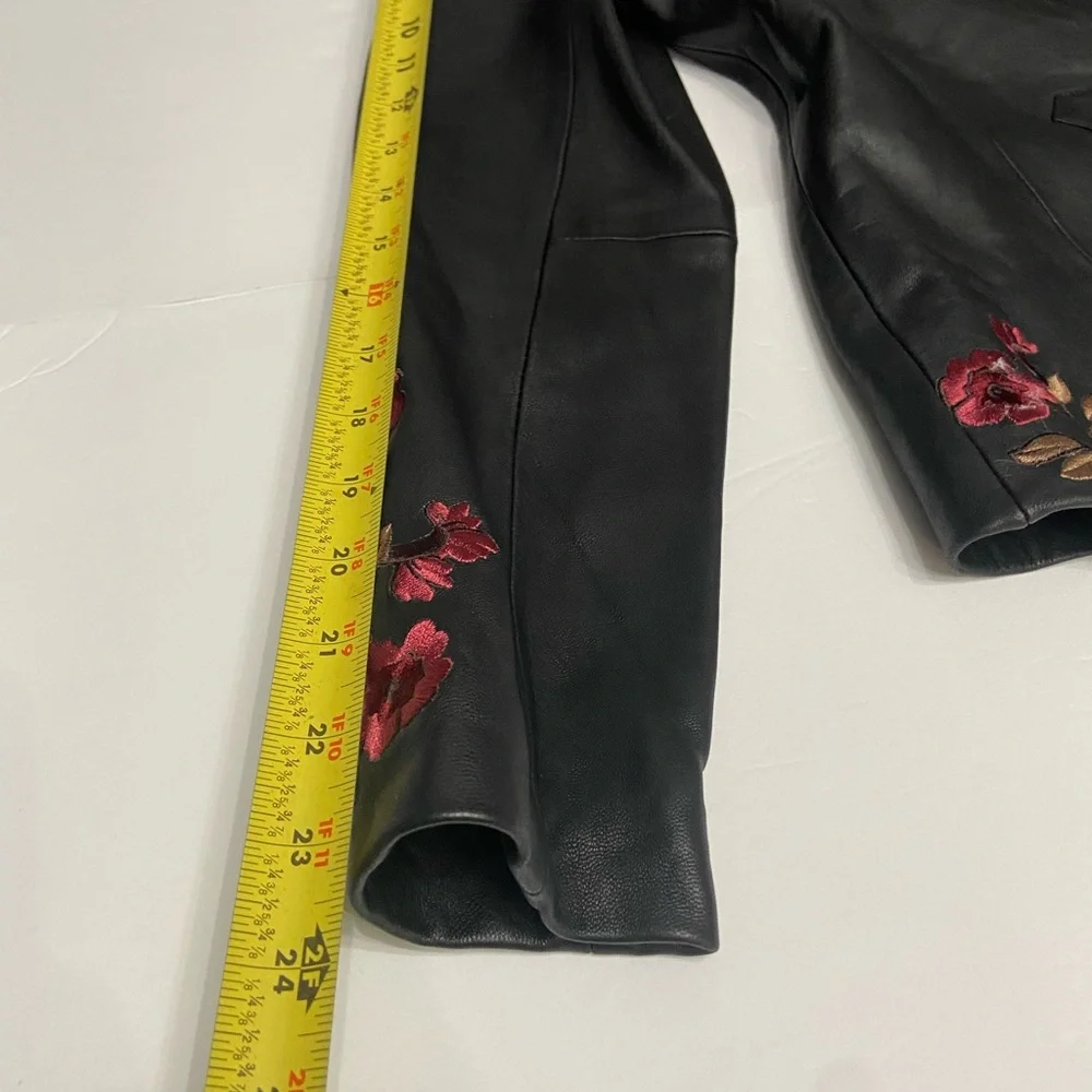 BELLE SPORT Womens Black Leather Jacket Blazer Floral Embroidery Throughout S - Picture 12 of 17